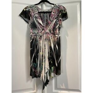 Boston Proper Shirt Womens Medium Black White Multicolor V‎ Neck Tunic Grommet